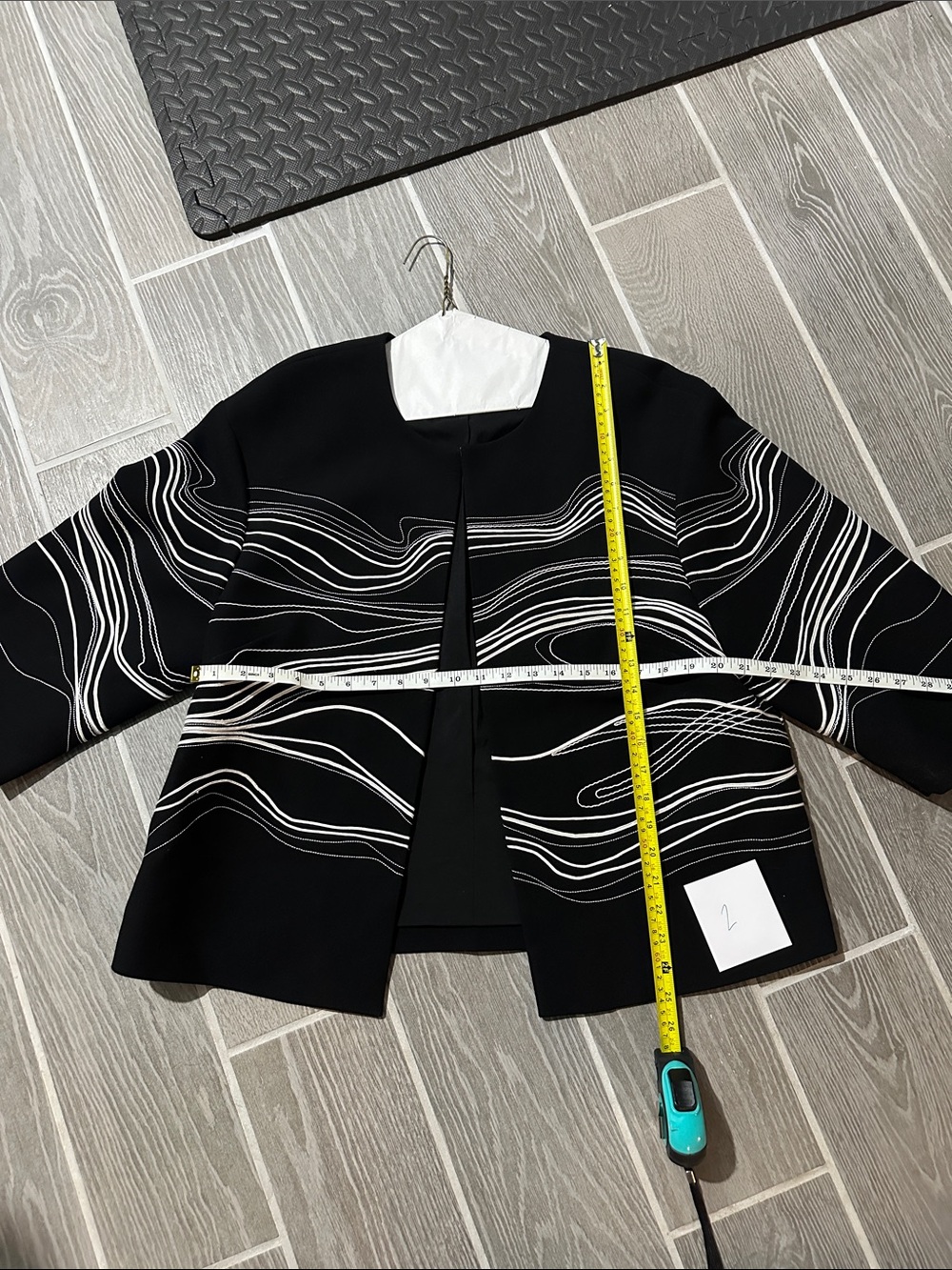 St. John Black Open-Front Blazer with White Wave Embroidery
